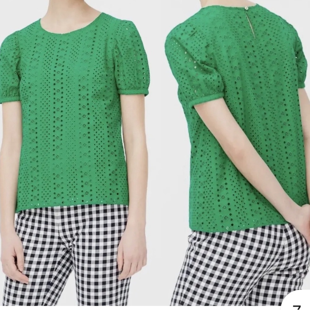 J CREW GREEN EYELET TOP PUFFY SLEEVES SZ M
